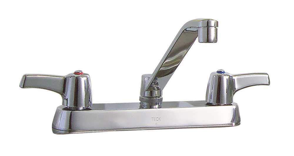 Chrome two-handle deck mount faucet with 8" spread and angled spout on white background.