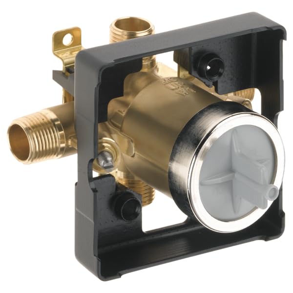 Brass pressure balance valve cartridge with threaded inlet, outlet ports, and black mounting bracket containing internal mixi