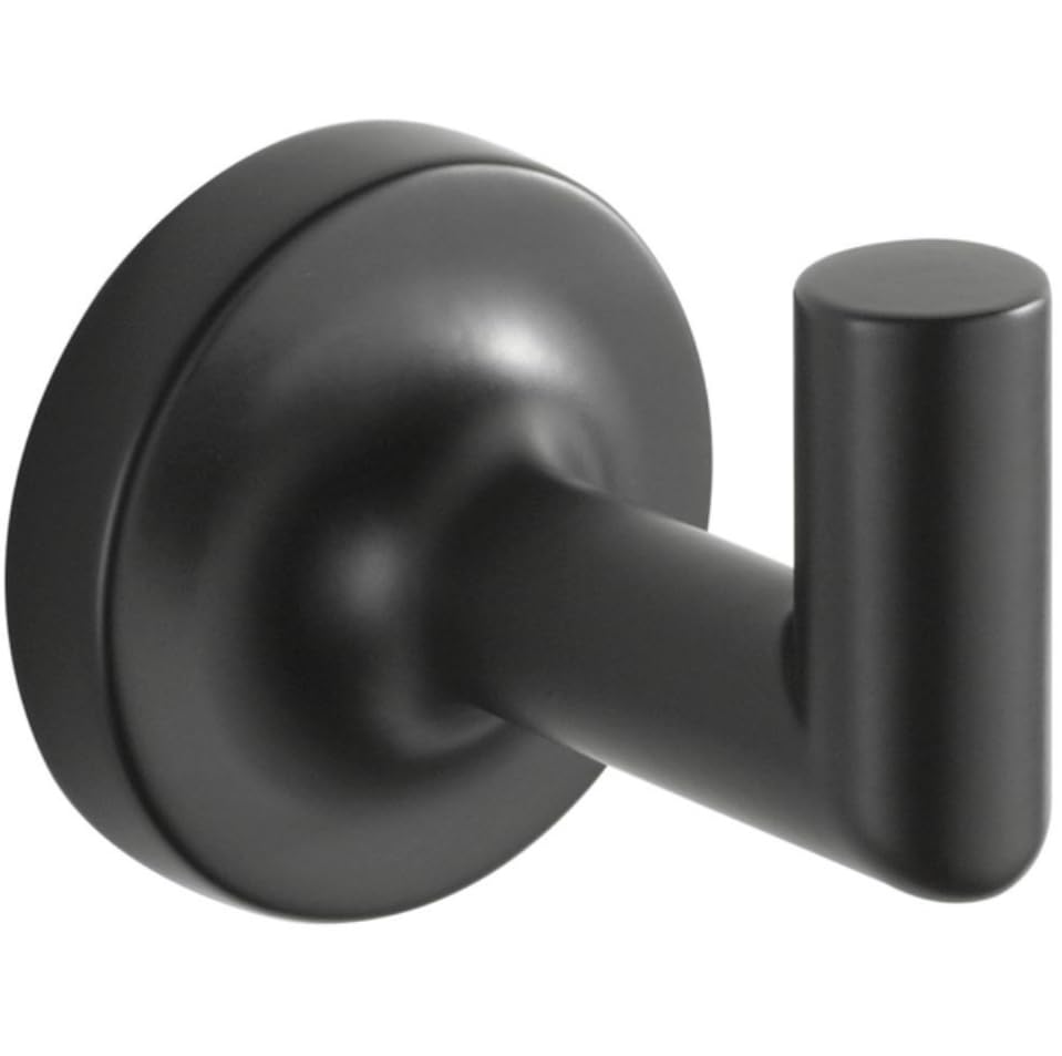 Matte black robe hook with cylindrical protrusion extending from spherical wall-mounted base.