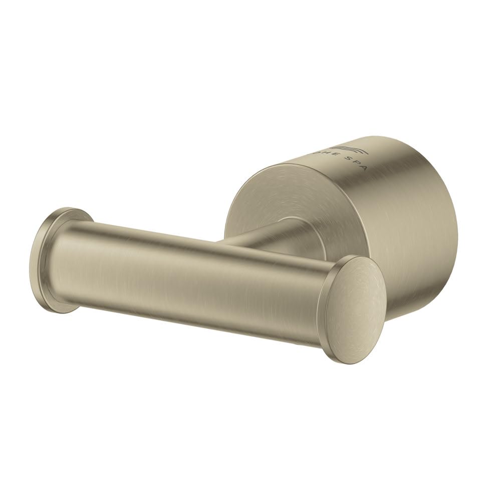 Brushed nickel towel hook with cylindrical bar extending from circular wall-mounted base.