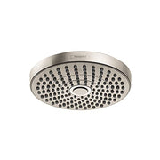 Brushed nickel round shower head with multiple spray jets and perforated face.