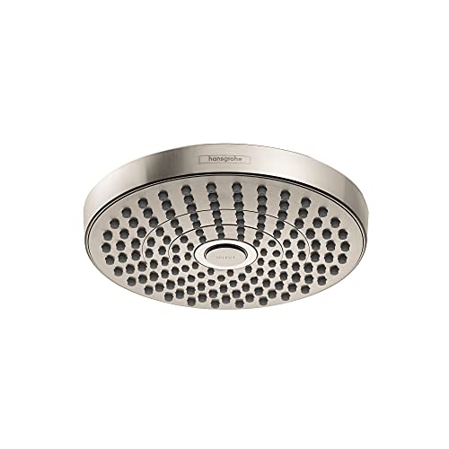 Brushed nickel round shower head with multiple spray jets and perforated face.