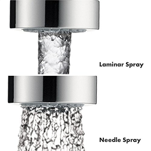 Chrome high-arc kitchen faucet with pull-down sprayer showing laminar and needle spray patterns.