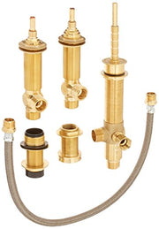 Brass rough valve components for roman tub faucet including vertical stems, horizontal connector, and flexible supply line.