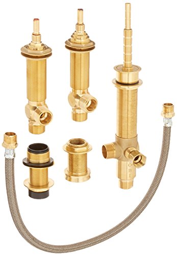 Brass rough valve components for roman tub faucet including vertical stems, horizontal connector, and flexible supply line.