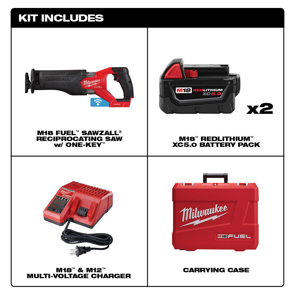 M18 FUEL reciprocating saw with ONE-KEY, two XC5.0 batteries, multi-voltage charger, and red carrying case.