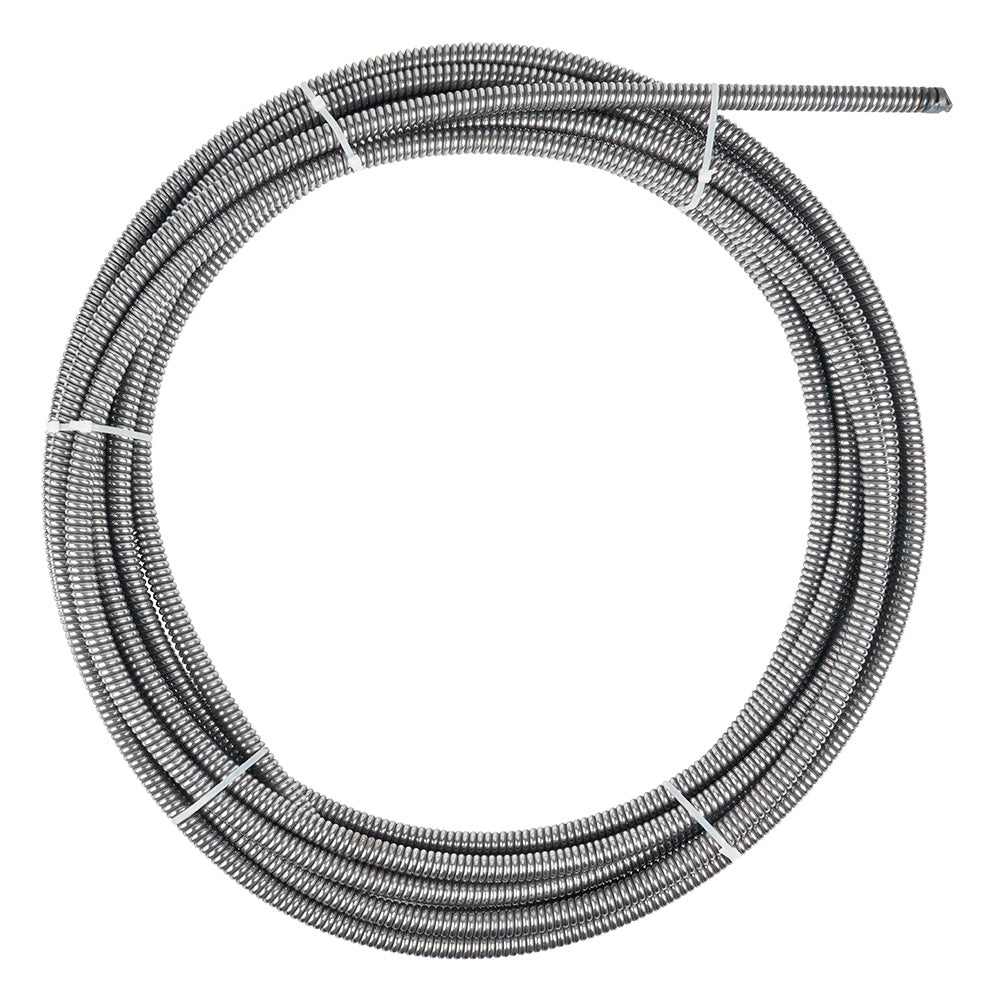 Coiled metal drain cable with ribbed texture and white tie wraps securing the coil.