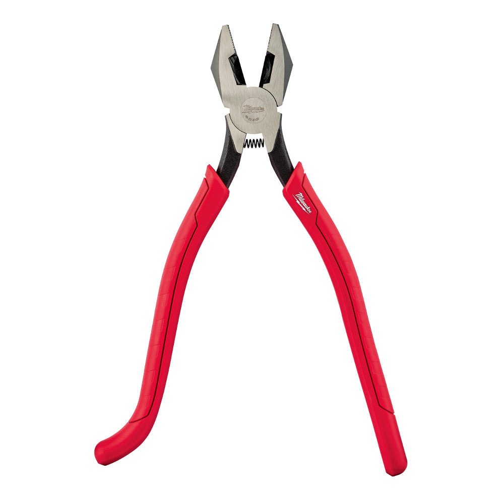 Red-handled ironworker's pliers with gray metal head, black grip sections, and serrated jaw opening.