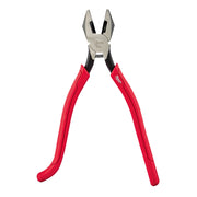 Red-handled ironworker's pliers with gray metal head, black grip sections, and serrated jaw opening.