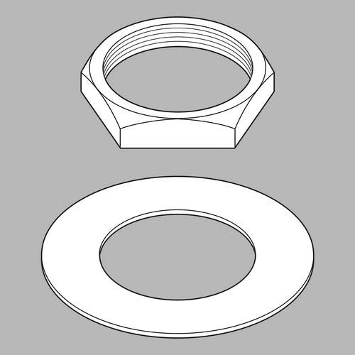 Hexagonal nut with threaded center and flat washer for Delta drain assembly.