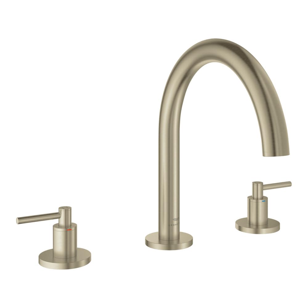 Chrome roman tub faucet with curved center spout and two side handles.