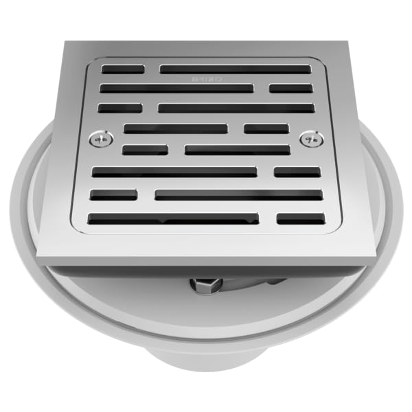 Chrome square shower drain with horizontal slot grate and mounting ring, shown from above.