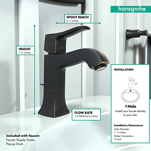 Rubbed bronze single-hole bathroom faucet with curved spout, 7.5 inches tall, 4.5 inches spout reach.