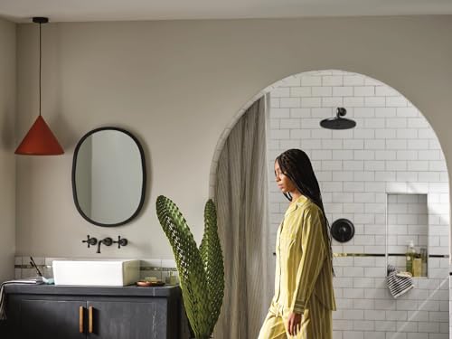 Matte black wall-mounted bathroom faucet trim with traditional cross handles and round shower head.