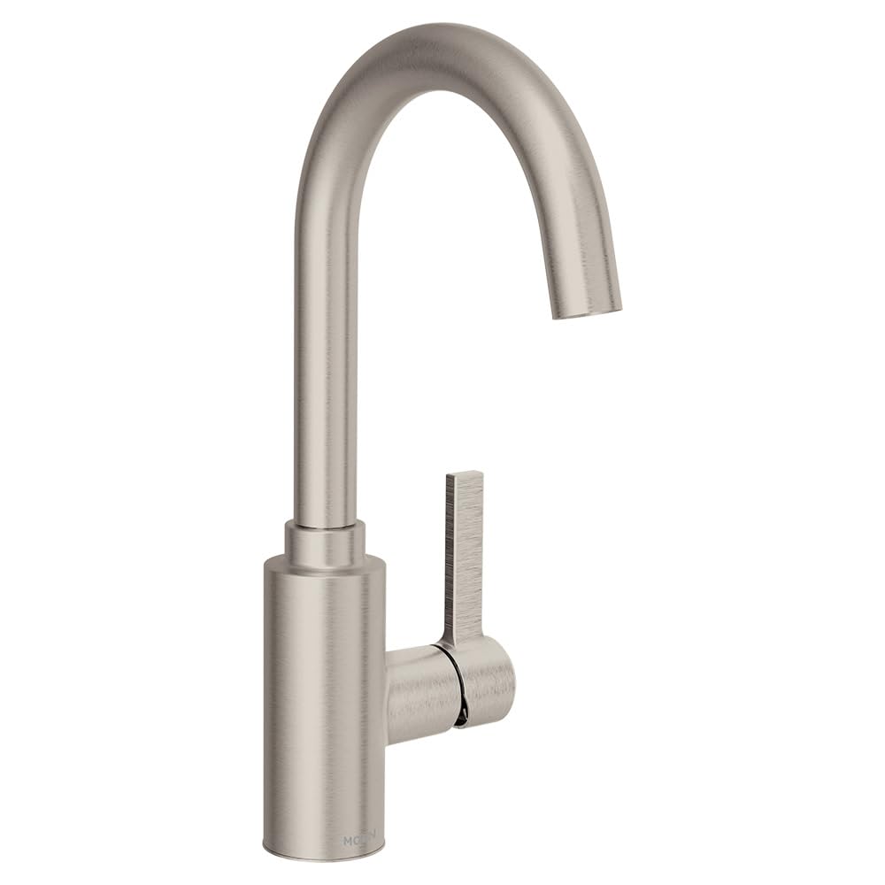Moen Genta LX stainless steel one-handle bar faucet with curved spout and single lever control.