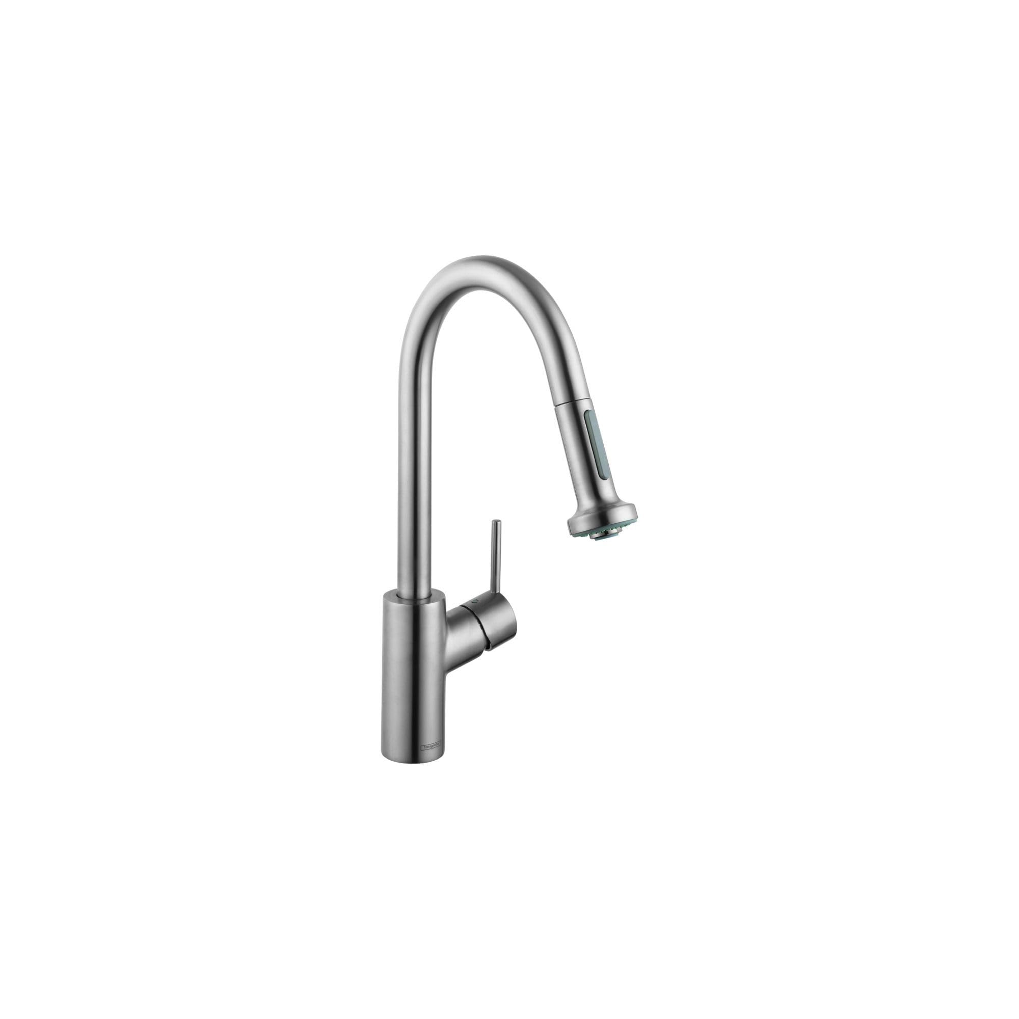 Steel Optic pull-down kitchen faucet with high arc spout and single lever handle.