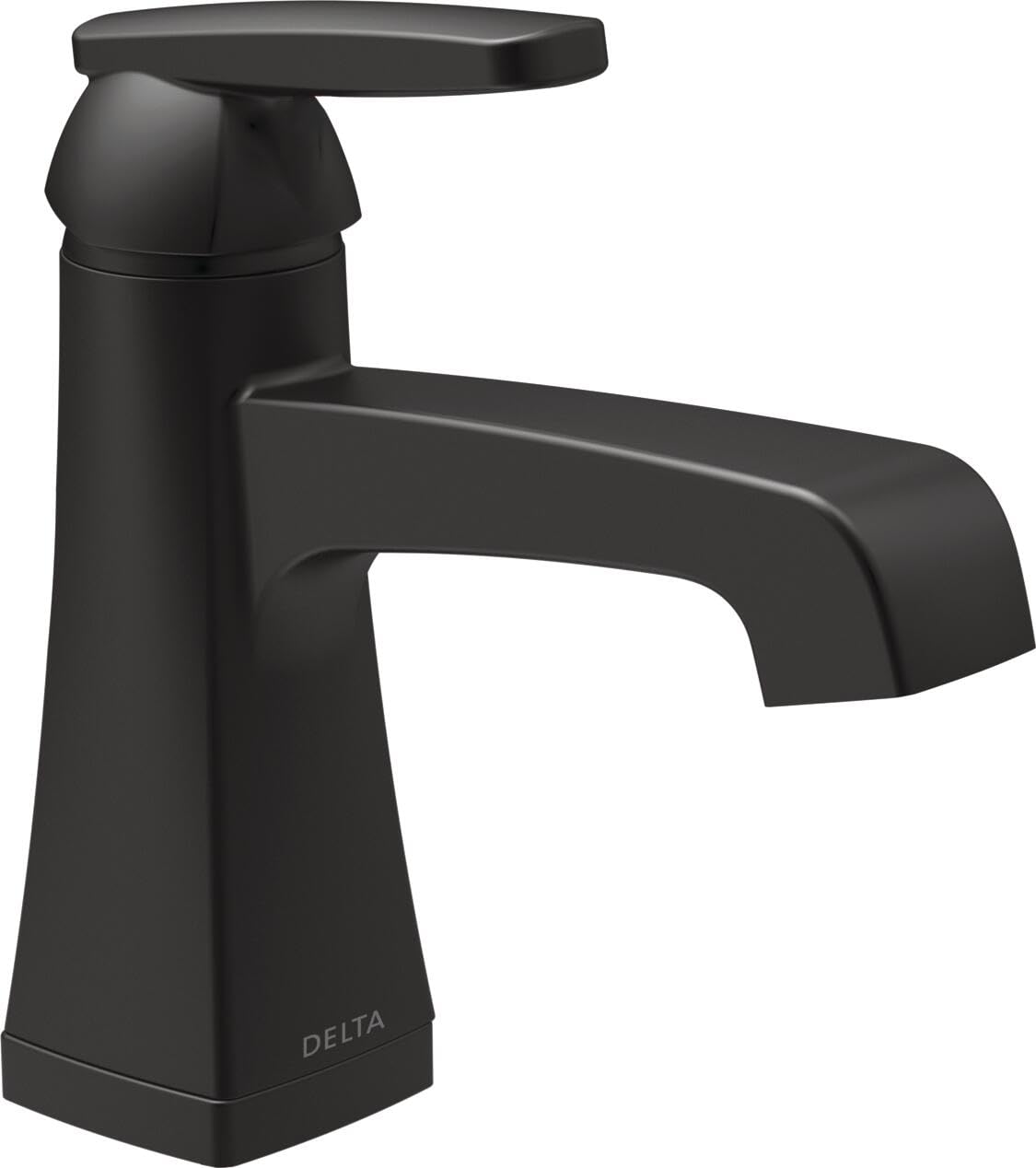Black single-handle bathroom faucet with curved spout and matching pop-up drain assembly.