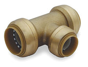 Brass Sharkbite tee fitting with three push-to-connect ports in varying sizes, featuring visible internal seals.