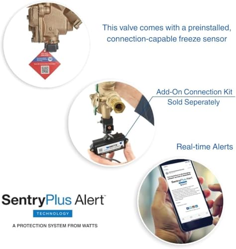 Bronze pressure vacuum breaker valve with 3/4 inch union connection and freeze sensor alert technology system.