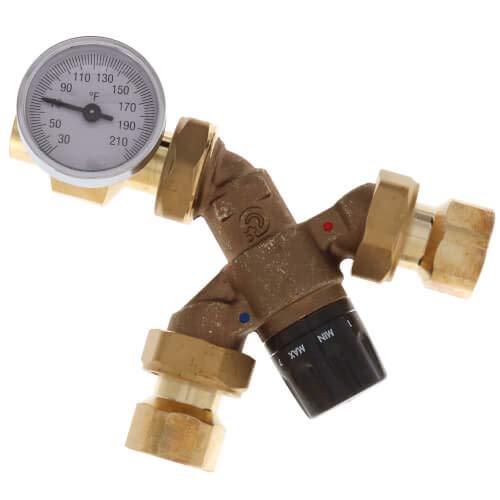 Brass thermostatic mixing valve with three sweat connection ports and attached temperature gauge displaying 30-210 degrees Fa