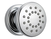 Chrome round shower head with multiple spray holes and adjustable mounting bracket shown from front angle.