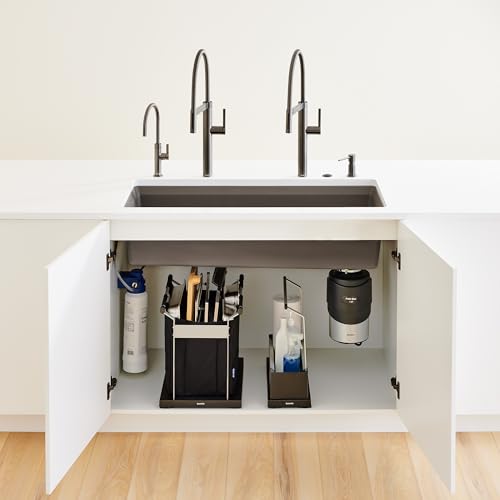 Black under-sink storage caddy with compartments for organizing cleaning supplies and kitchen items.