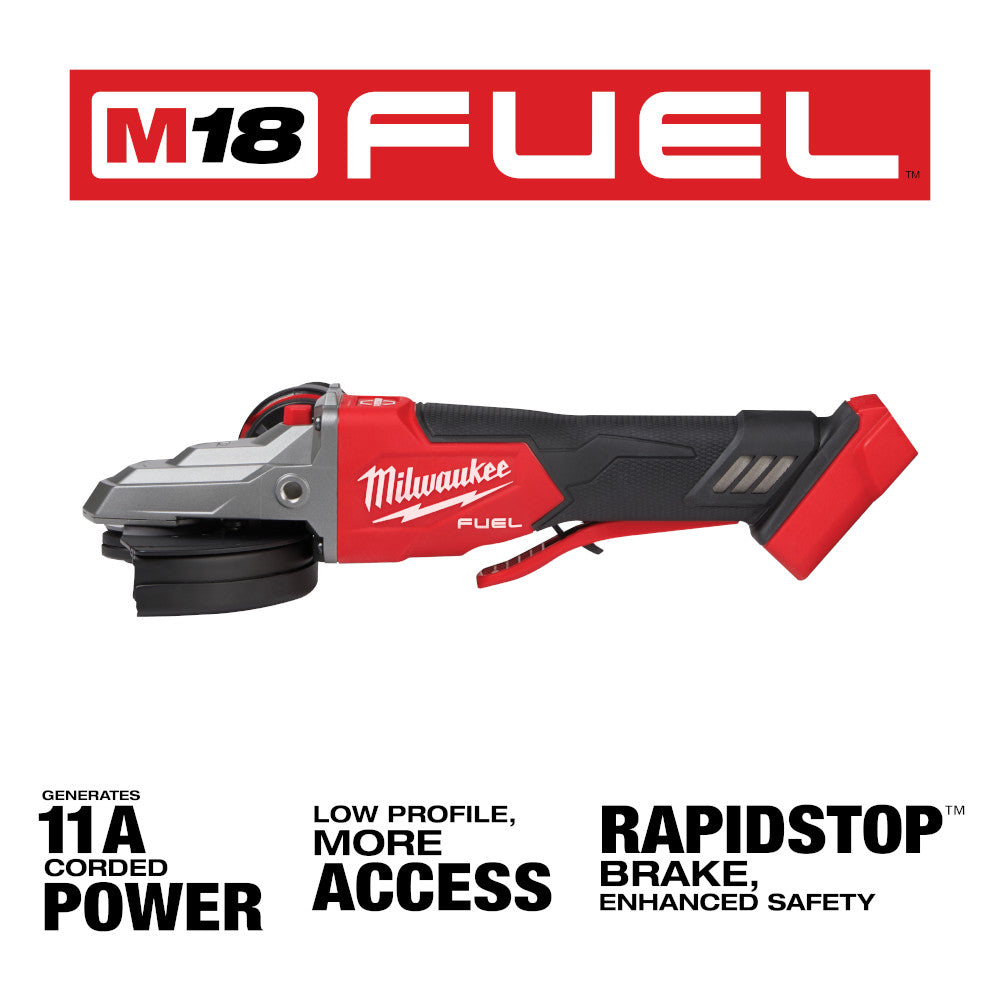 Red and black Milwaukee M18 FUEL 5" flathead braking grinder with paddle switch and black grinding wheel attachment.