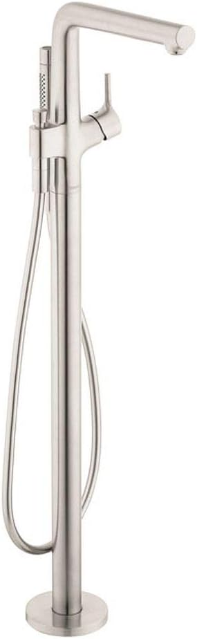 Brushed nickel freestanding tub filler with curved spout, lever handle, and detachable handshower on hose.