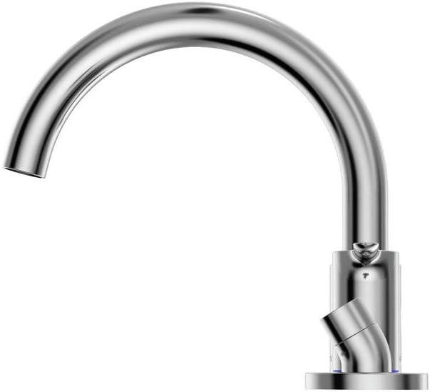 Polished chrome deck-mount roman tub filler with curved spout and detachable handshower.