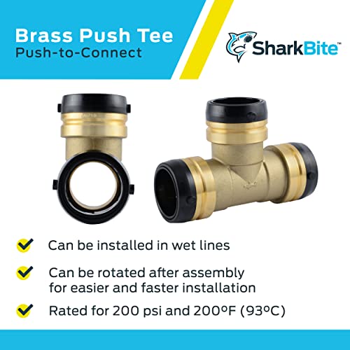 Brass push-to-connect tee fitting with black grip rings and connectors on ends.