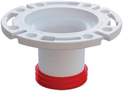 White plastic closet flange with red rubber gasket ring and mounting holes around the base.