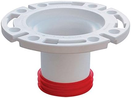 White plastic closet flange with red rubber gasket ring and mounting holes around the base.