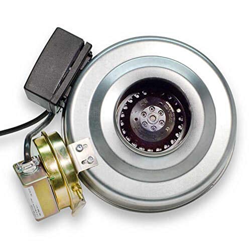 Silver cylindrical duct booster fan with black motor housing, power cord, and brass mounting bracket visible from above.