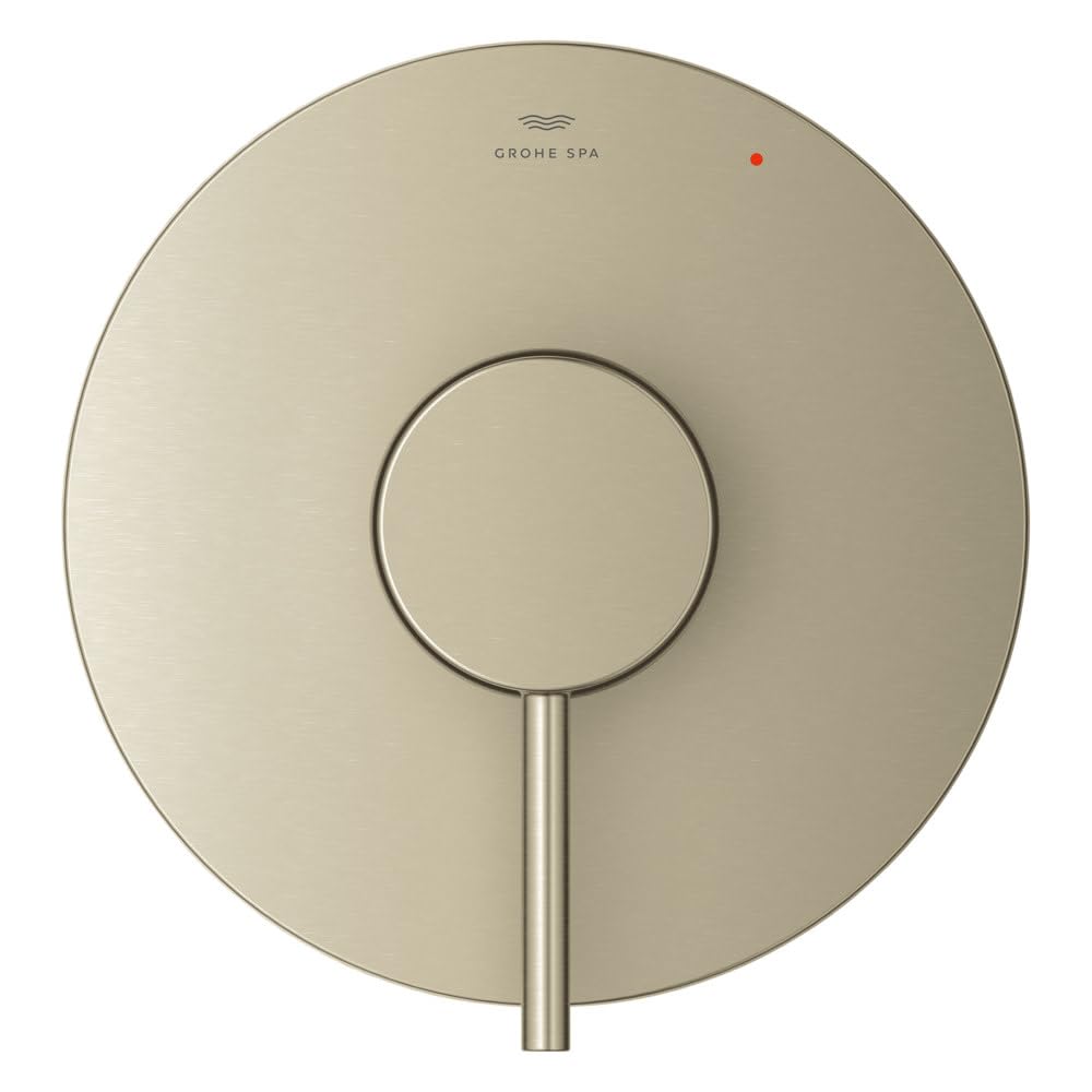 Grohe Atrio chrome valve trim with circular escutcheon plate, single lever handle, and red temperature indicator dot.
