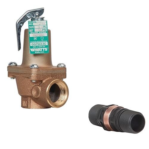 Bronze boiler pressure relief valve with lever handle and discharge line flood sensor connector.