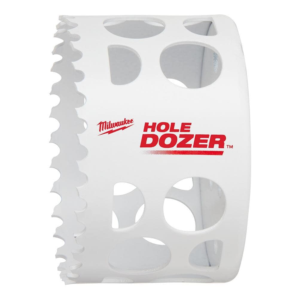 Milwaukee HOLE DOZER 3-inch bi-metal hole saw with serrated edge and multiple circular cutouts on white cylindrical body.