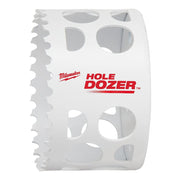 Milwaukee HOLE DOZER 3-inch bi-metal hole saw with serrated edge and multiple circular cutouts on white cylindrical body.