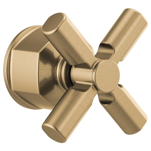 Brushed gold cross handle valve trim with circular wall plate and cylindrical spout connection.