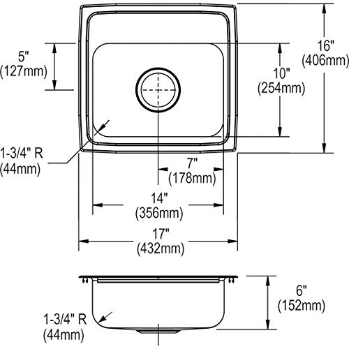 Stainless steel drop-in sink with single rounded bowl, drain hole, and curved corners shown in top and side view technical dr