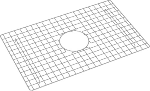 Stainless steel wire sink grid with square mesh pattern and central drain opening.
