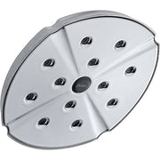 Chrome shower flange with multiple spray ports and Delta logo in center.
