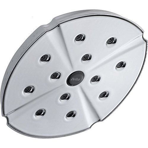 Chrome shower flange with multiple spray ports and Delta logo in center.