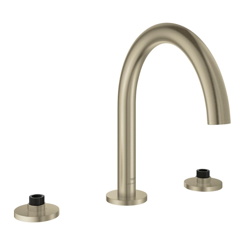 Chrome Roman tub faucet with curved spout and two handle controls on round bases.