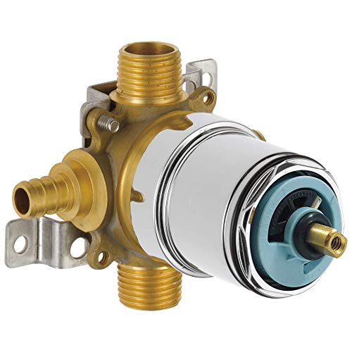 Brass tub and shower valve body with PEX connections, threaded ports, and blue cartridge mechanism on white background.