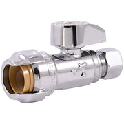 Chrome straight stop valve with 1/2 inch push connector on left and 3/8 inch compression fitting on right, featuring lever ha