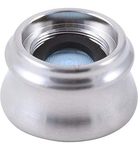 Chrome finish faucet aerator with mesh screen insert and threaded base.