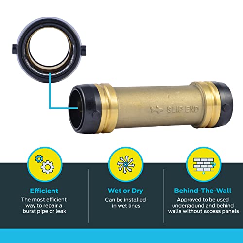 Brass slip coupling with black grip rings on each end and detached coupling ring shown above.