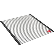 Stainless steel sink grid with parallel metal rods and black rubber corners for bottom sink protection.