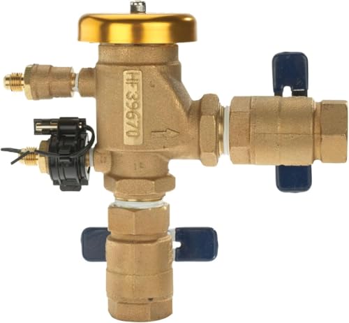 Bronze pressure vacuum breaker with 3/4 inch union connections, gold cap, and dual blue handle valves.