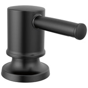 Matte black metal soap dispenser with cylindrical body, wide base, and horizontal pump lever.